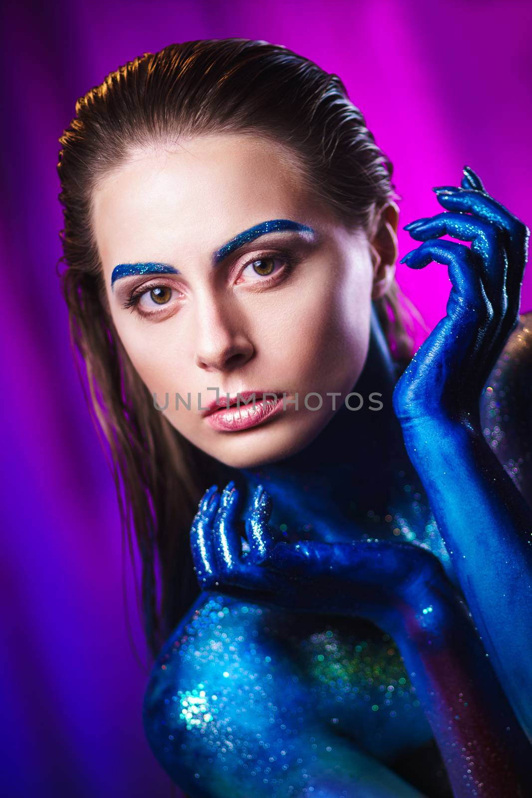 Portrait of beautiful woman painted with cosmic colors and spangled. by mrakor