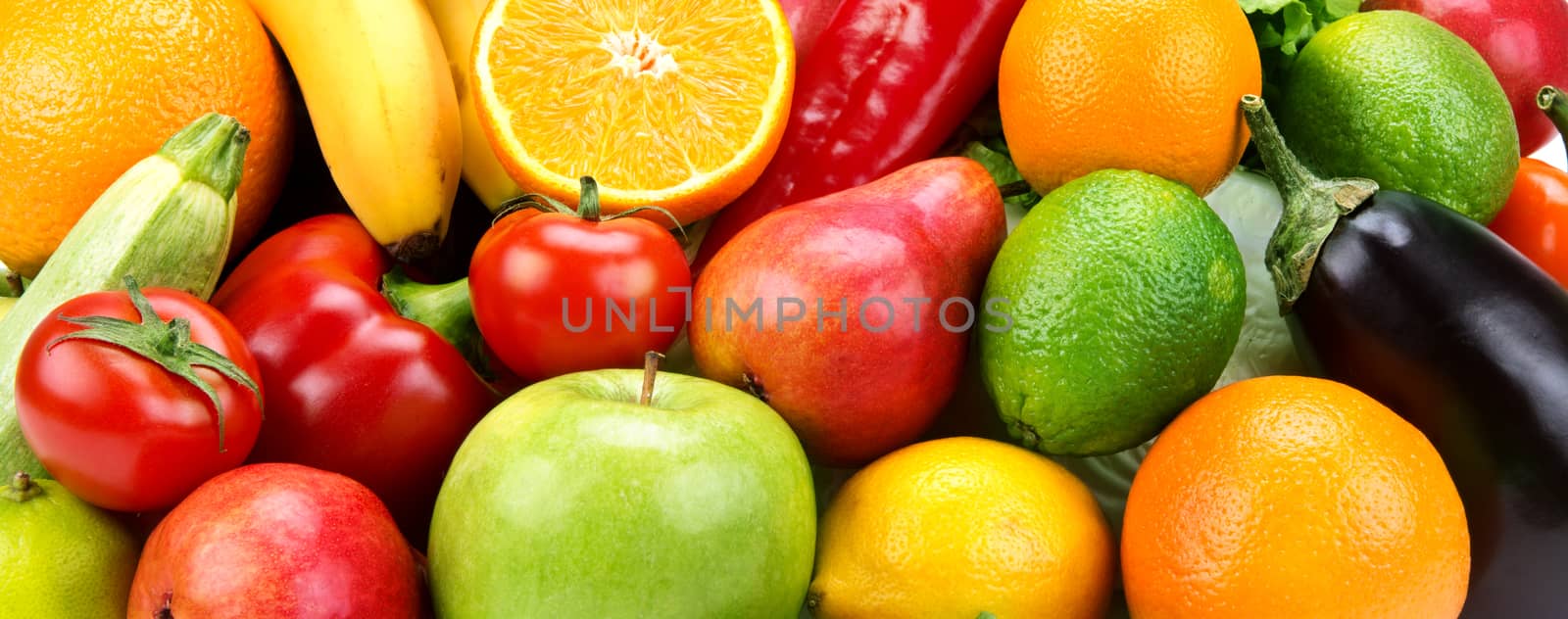 bright background of ripe fruit and vegetables