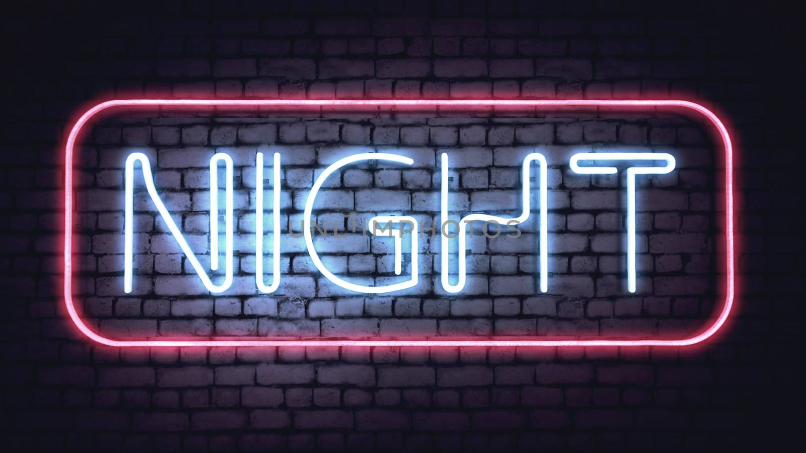 Neon NIGHT sign on a white brick wall. Illustration. 