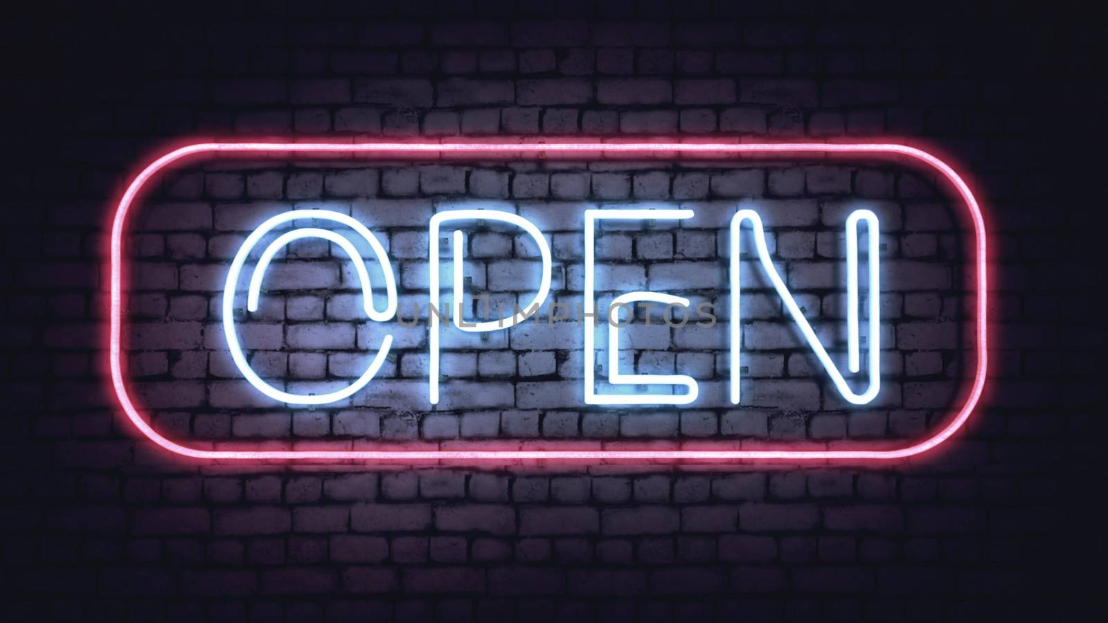 Neon OPEN sign on a white brick wall. Illustration. 