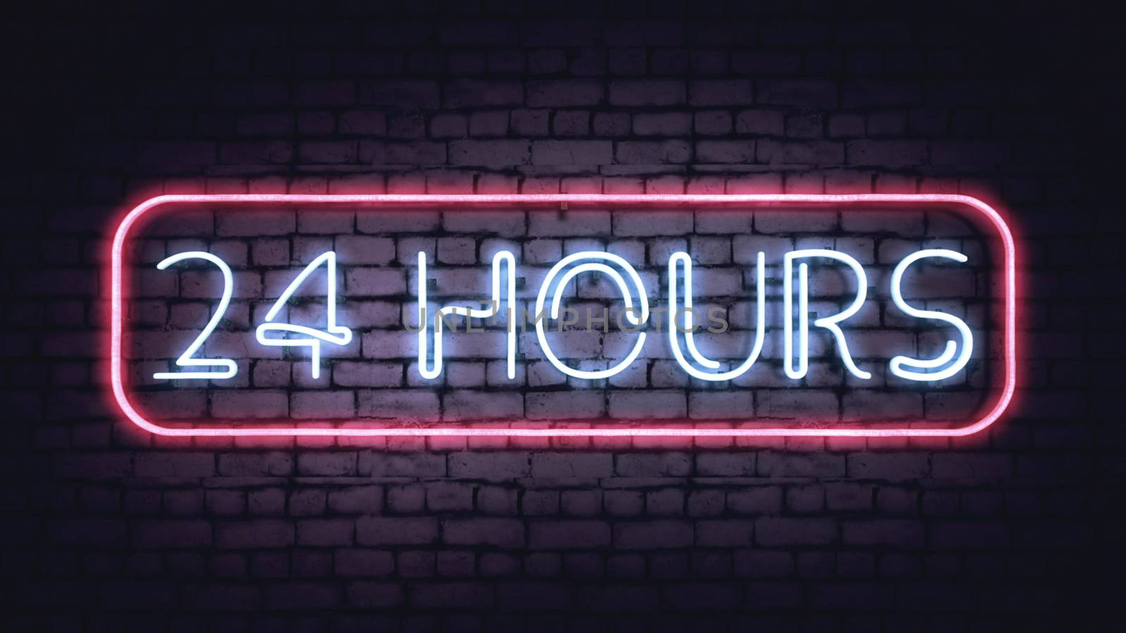 Neon 24 HOURS sign on a white brick wall. Illustration. 