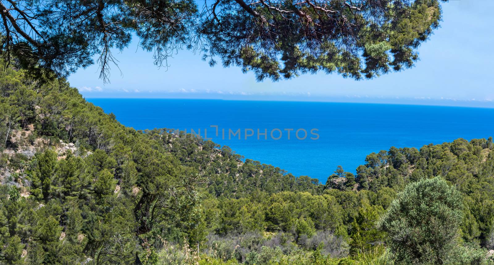 Panoramic view of the blue sea on the west coast of Mallorca, Spain.