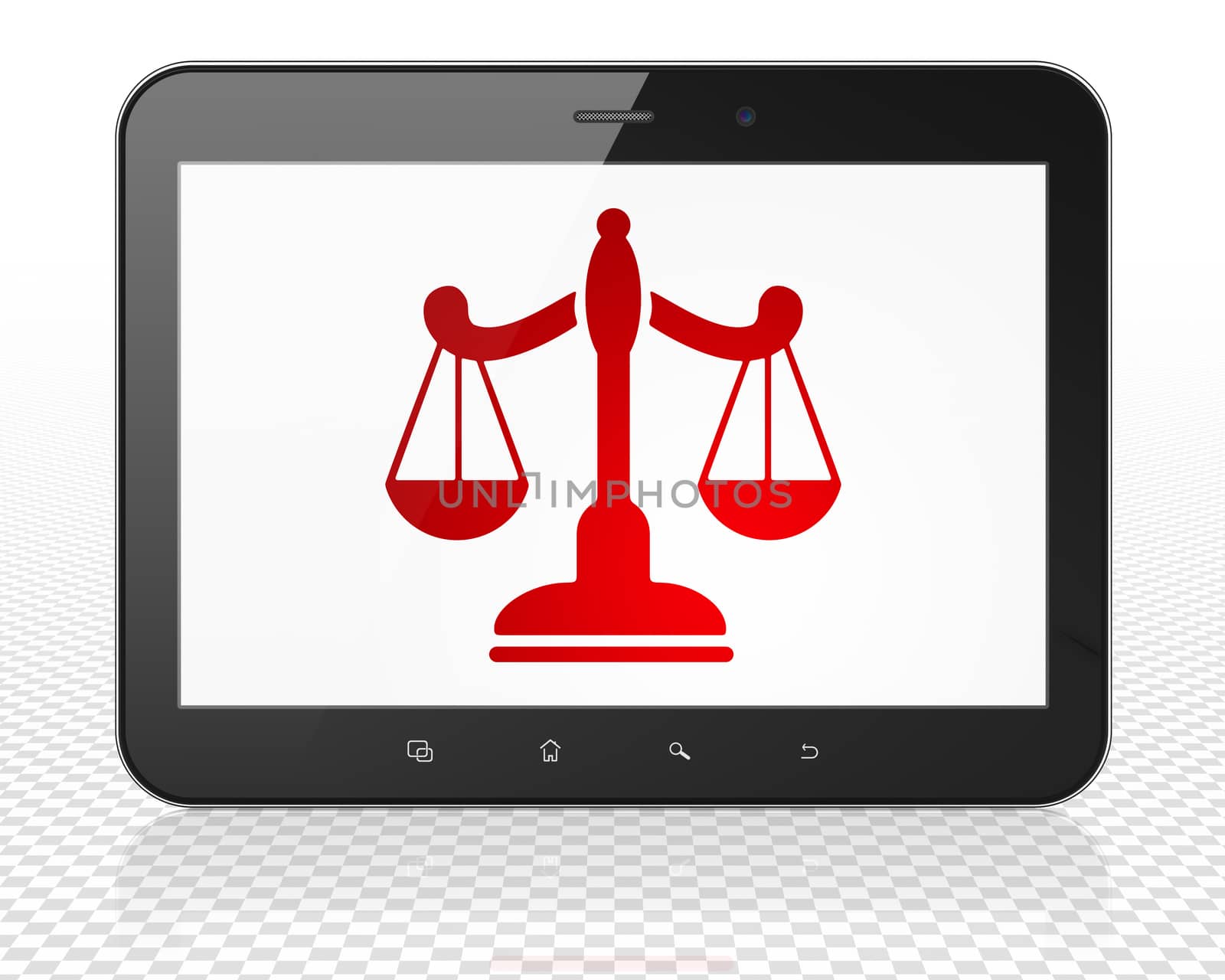 Law concept: Tablet Pc Computer with red Scales icon on display, 3D rendering