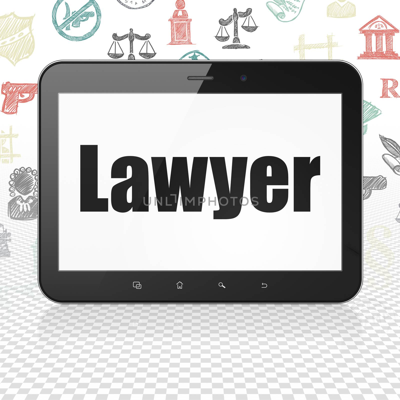 Law concept: Tablet Computer with  black text Lawyer on display,  Hand Drawn Law Icons background, 3D rendering