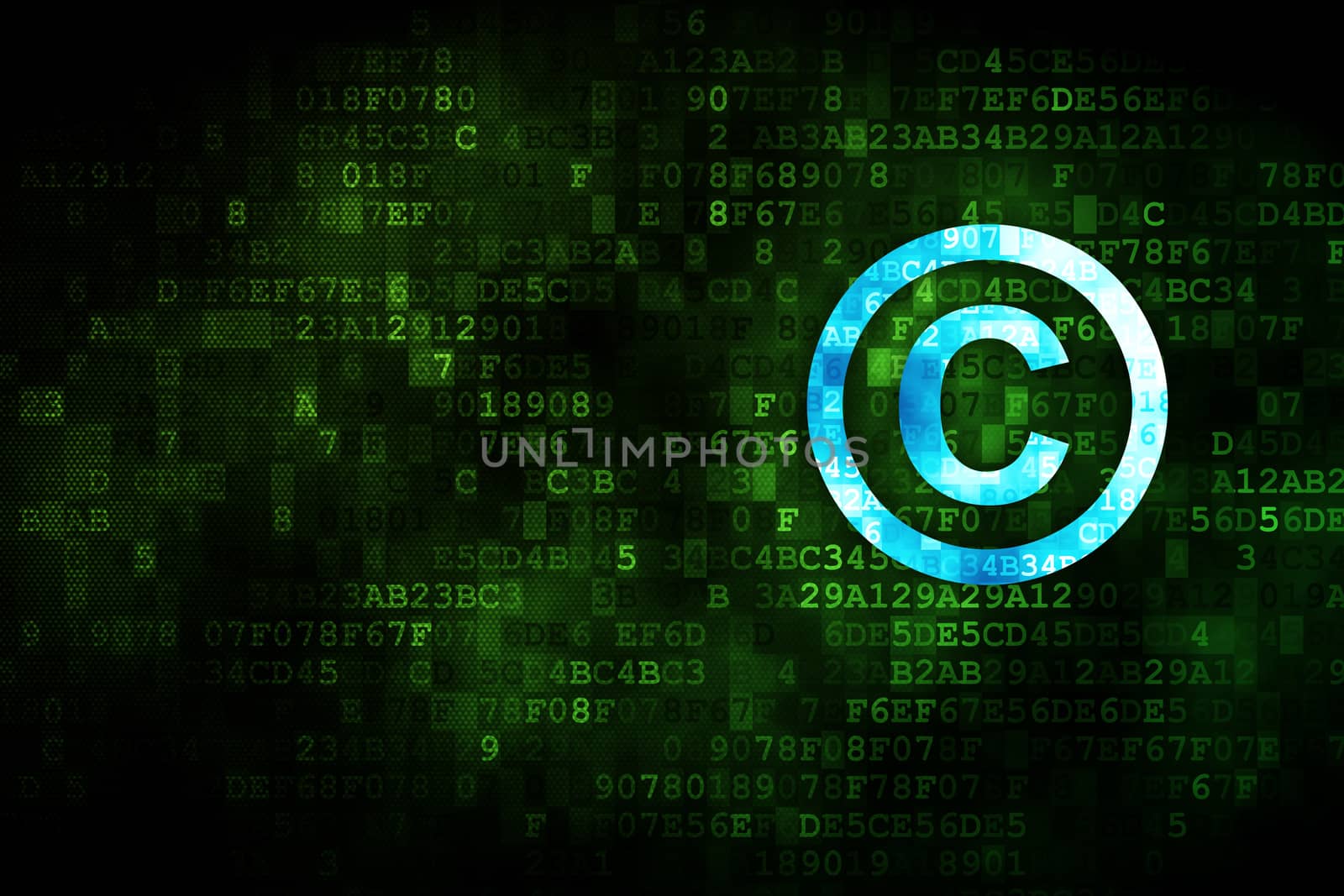 Law concept: pixelated Copyright icon on digital background, empty copyspace for card, text, advertising