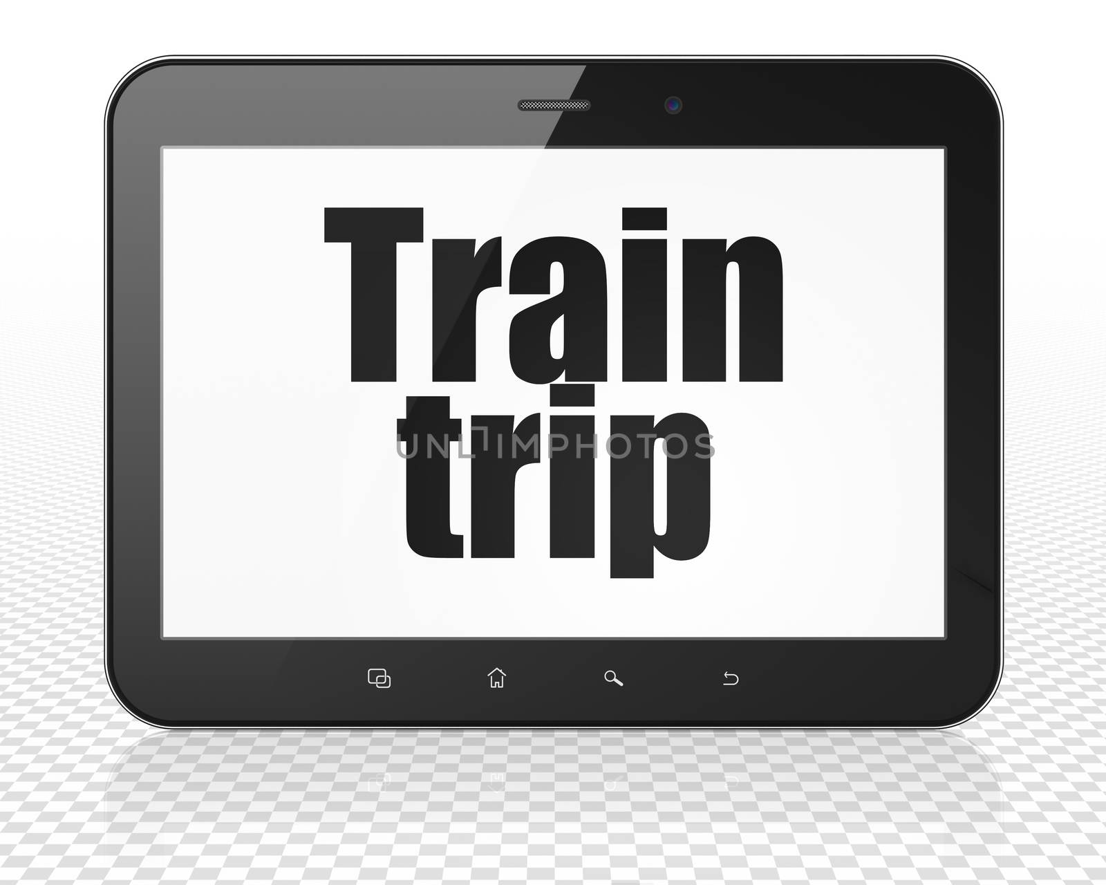 Travel concept: Tablet Pc Computer with black text Train Trip on display, 3D rendering