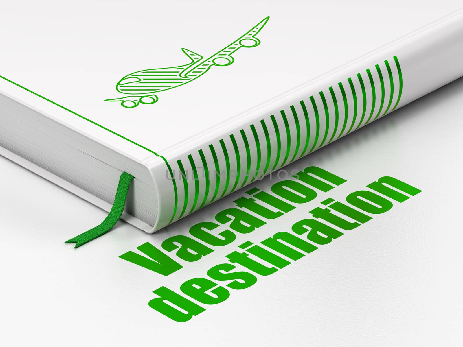 Travel concept: closed book with Green Airplane icon and text Vacation Destination on floor, white background, 3D rendering