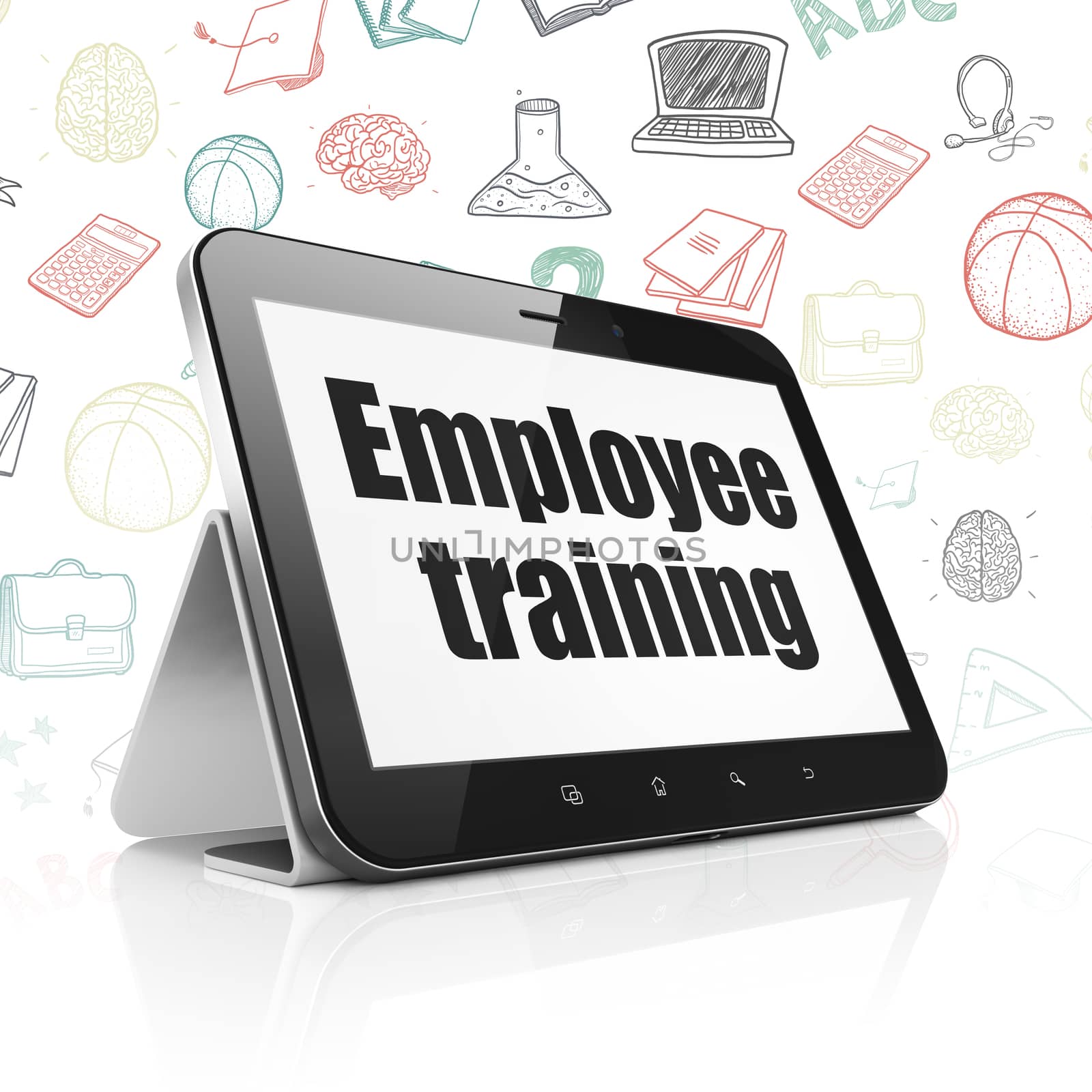 Learning concept: Tablet Computer with  black text Employee Training on display,  Hand Drawn Education Icons background, 3D rendering