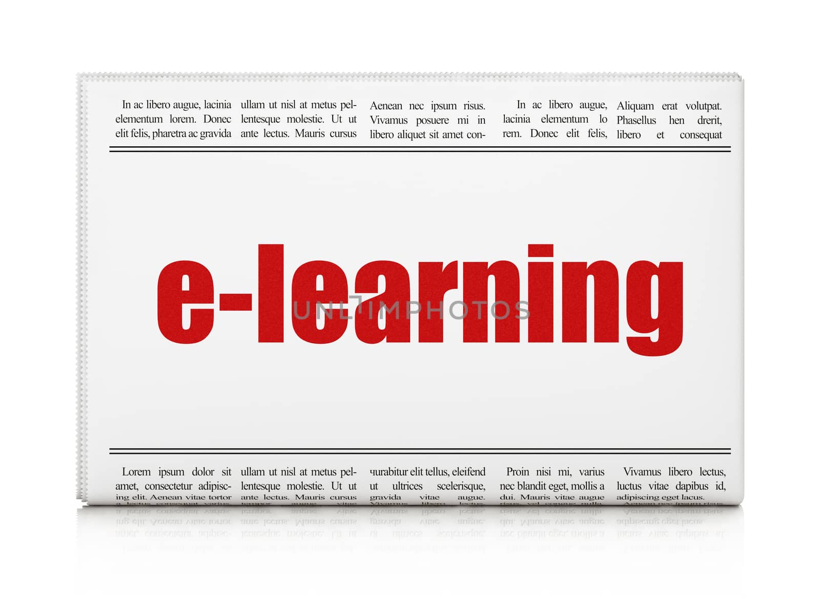 Studying concept: newspaper headline E-learning on White background, 3D rendering