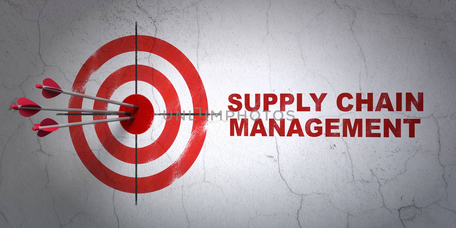 Success advertising concept: arrows hitting the center of target, Red Supply Chain Management on wall background, 3D rendering