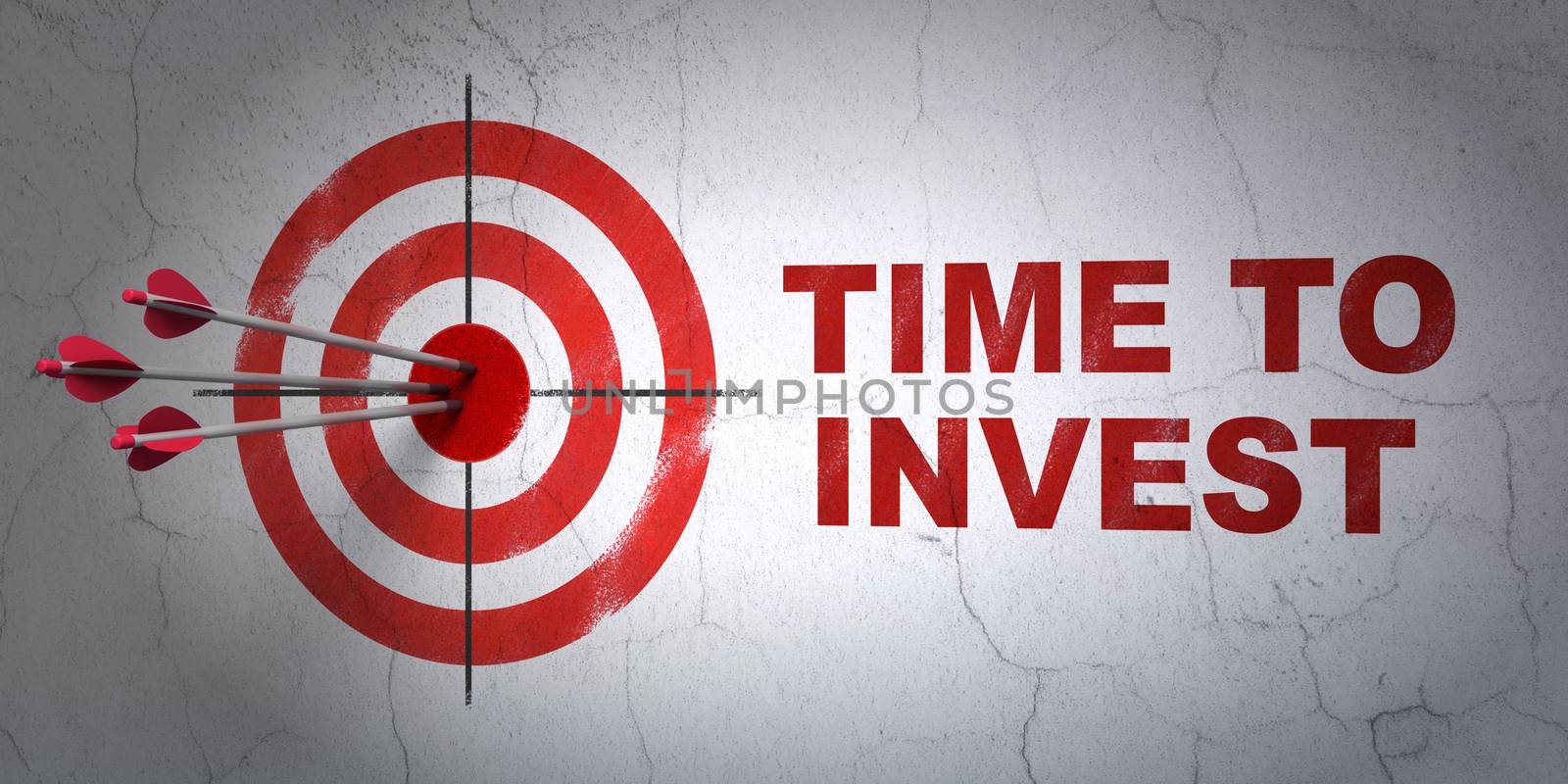 Success timeline concept: arrows hitting the center of target, Red Time To Invest on wall background, 3D rendering