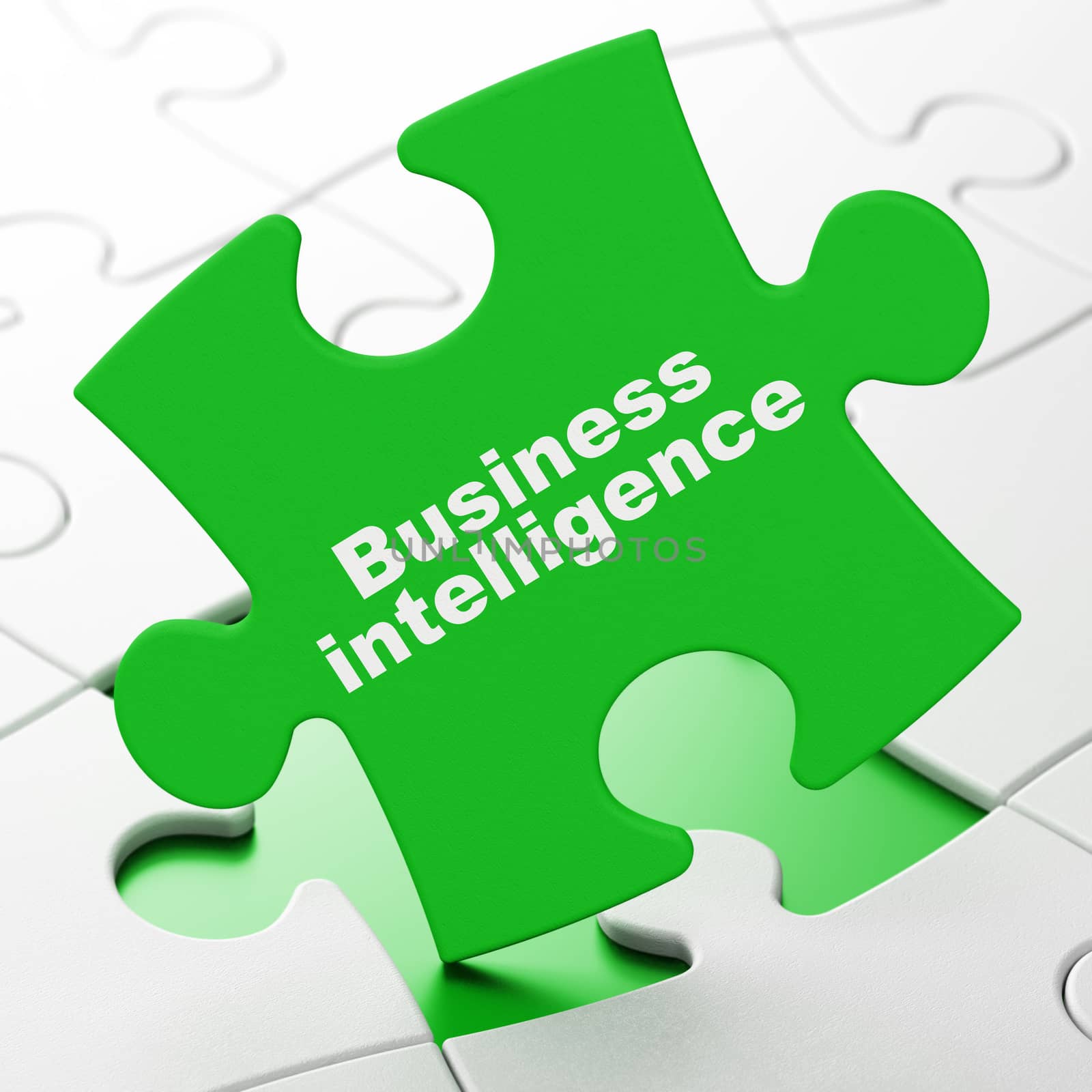 Business concept: Business Intelligence on Green puzzle pieces background, 3D rendering