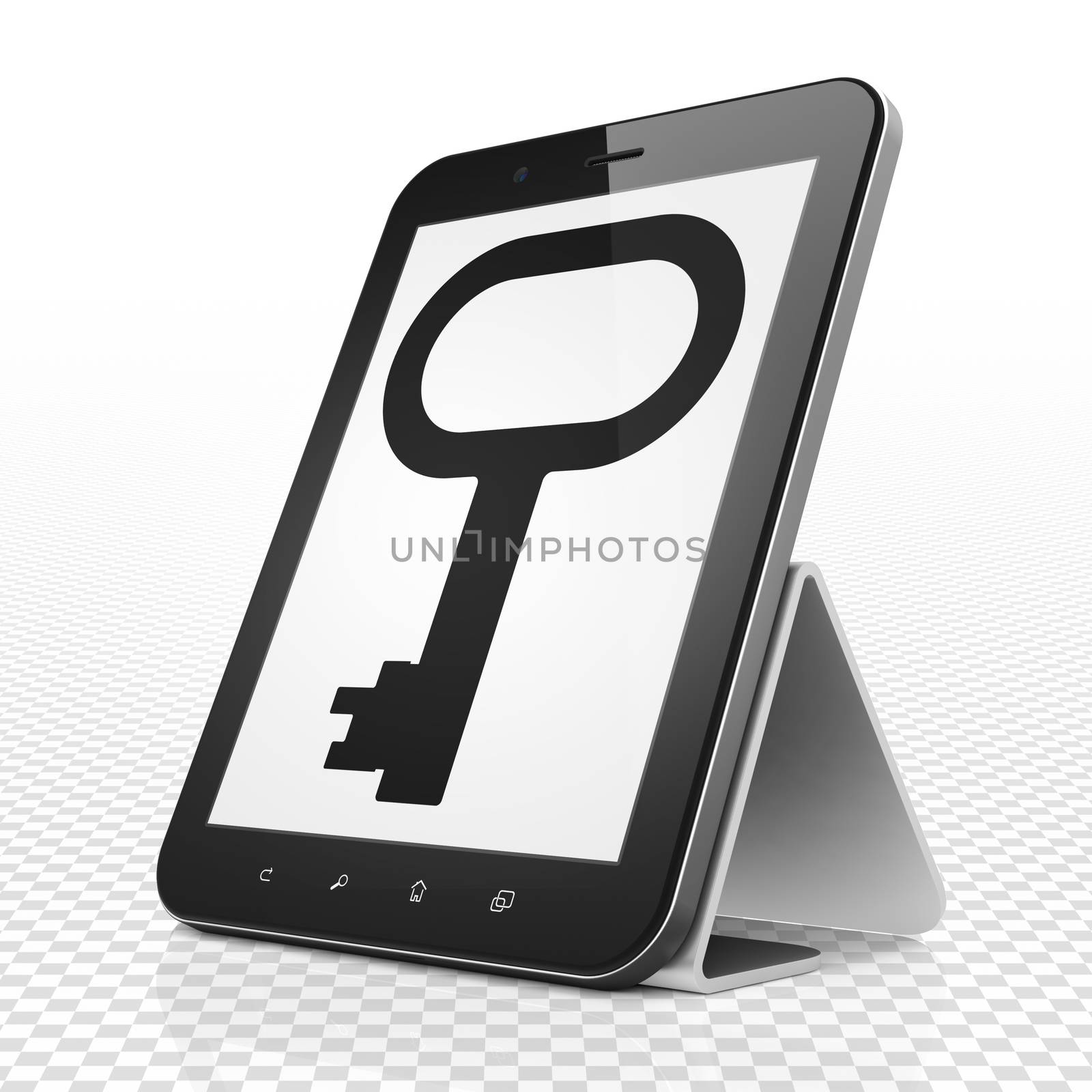 Safety concept: Tablet Computer with black Key icon on display, 3D rendering