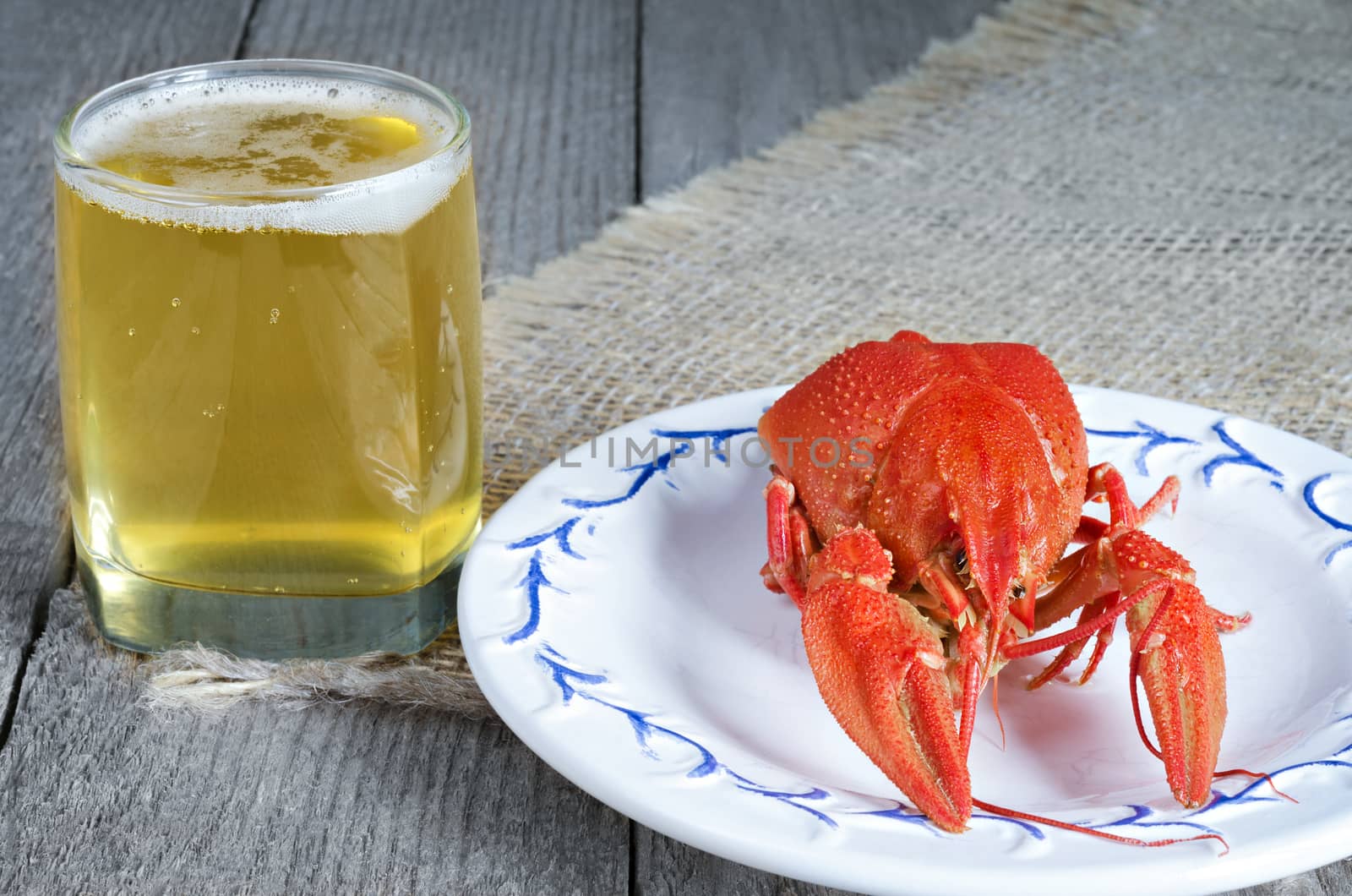Lobster freshwater and light beer. On the burlap and gray wooden background.