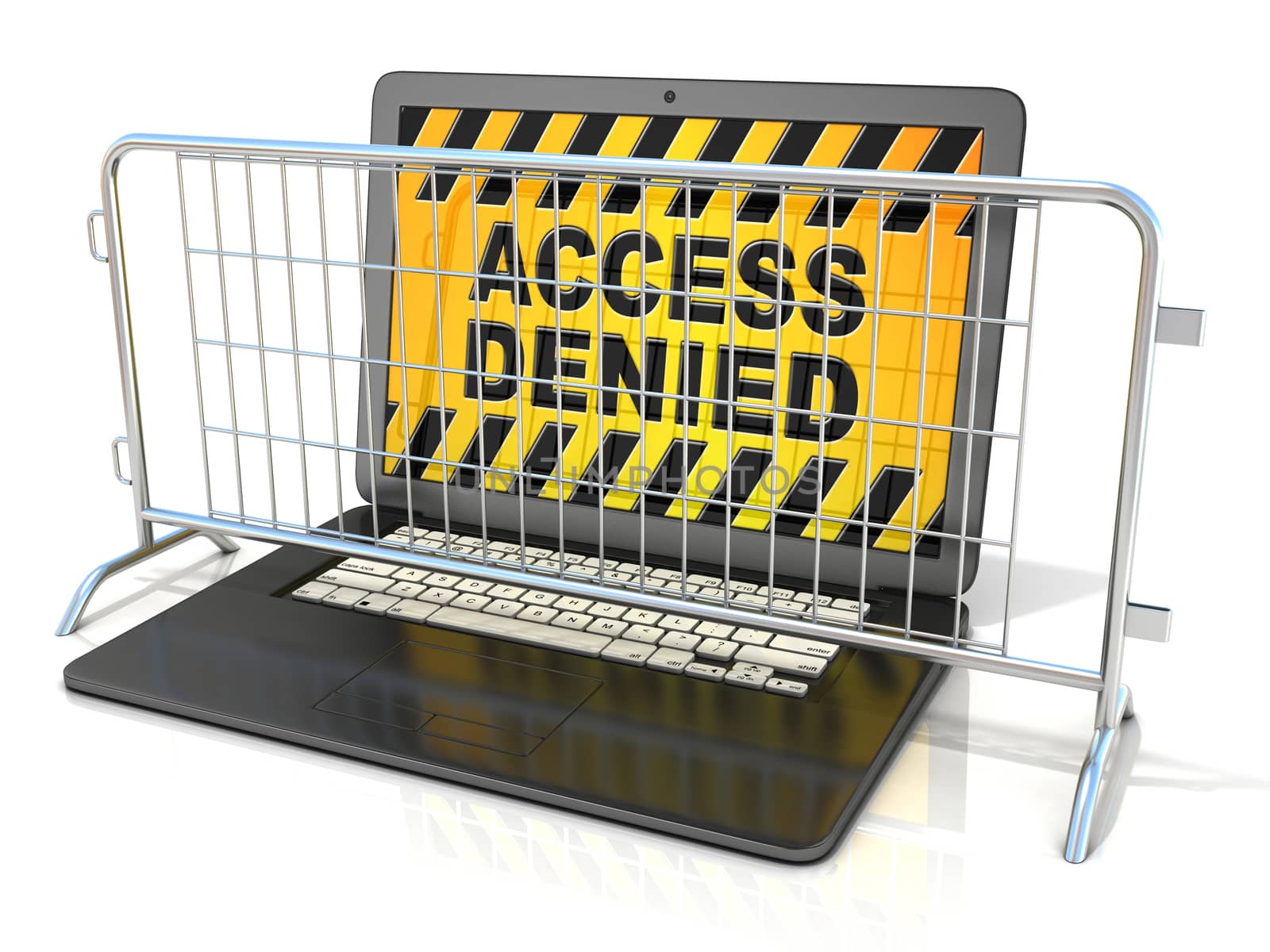 Black laptop with ACCESS DENIED sign on screen, and steel barricades. 3D rendering isolated on white background