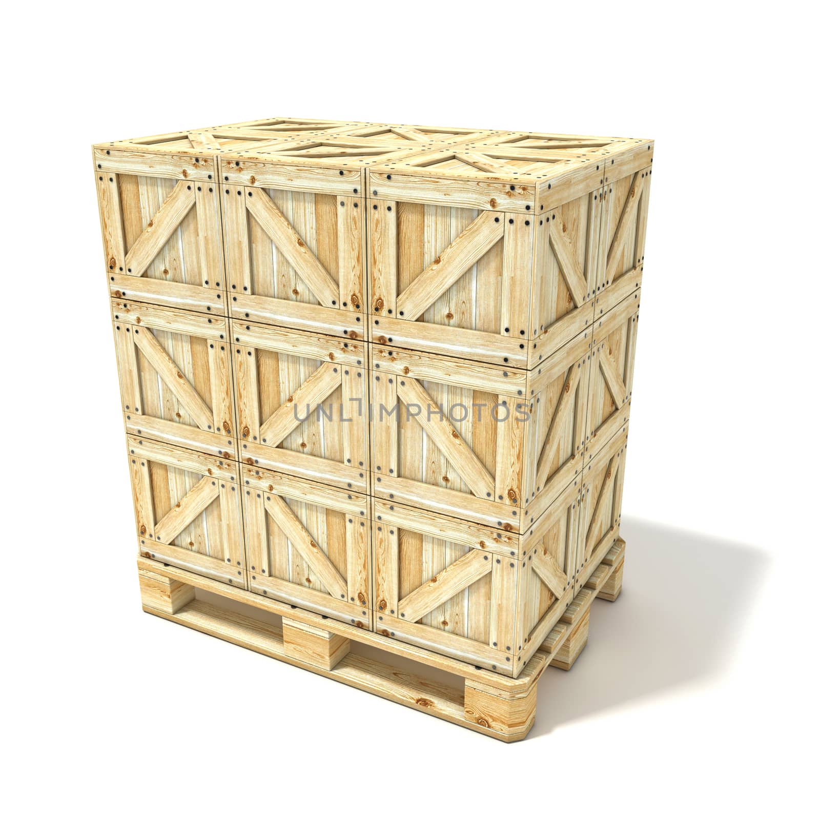 Wooden boxes on euro pallet. 3D render illustration isolated on a white background