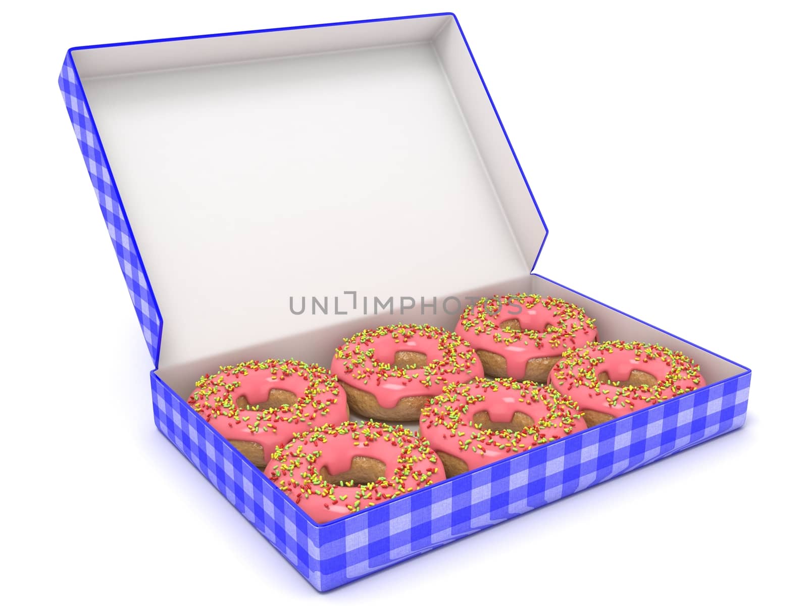 Six chocolate donuts in blue box. Side view. 3D render illustration.isolated on white background