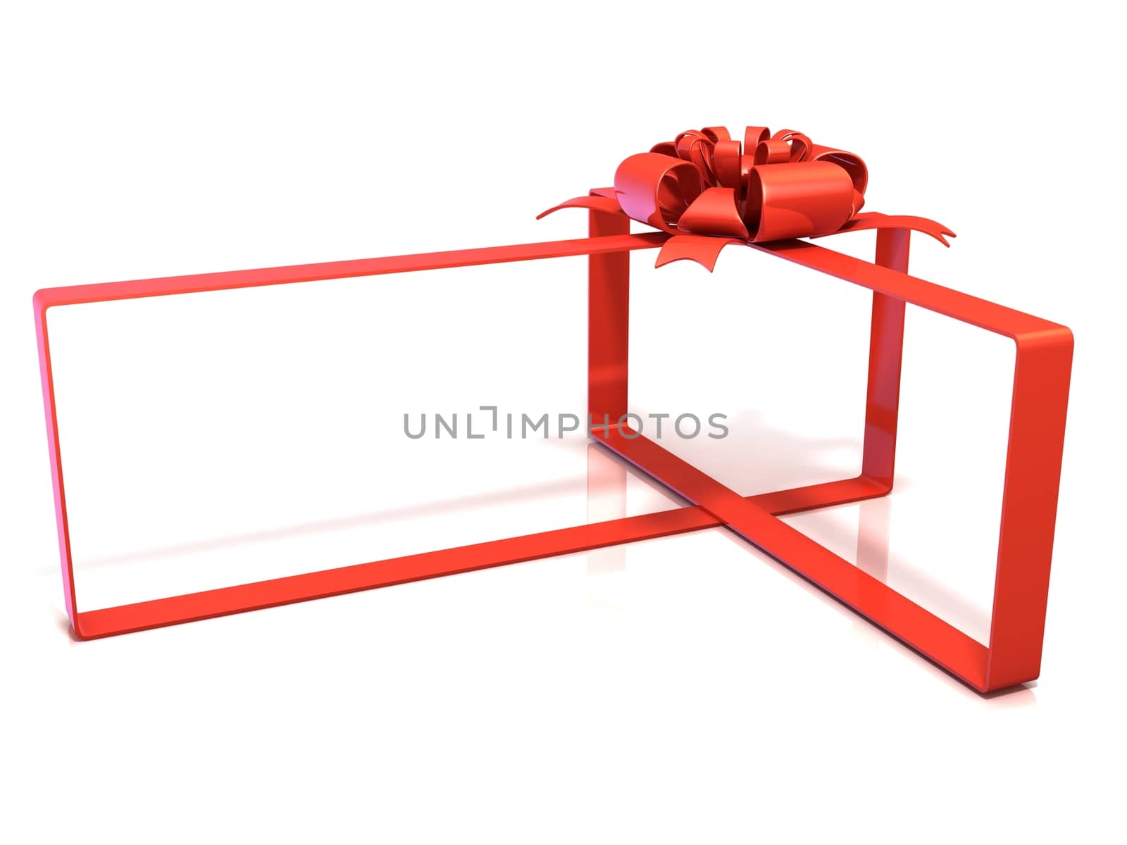 Festive gift ribbon and bow, box shaped, 3D rendering isolated on white. Copy space