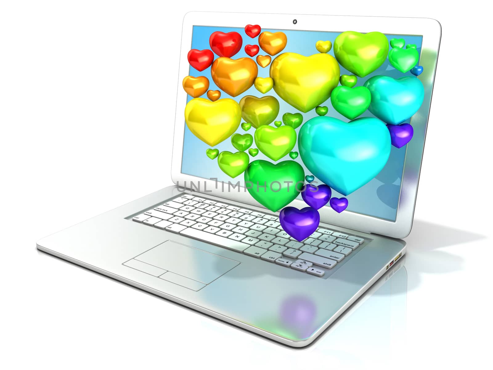 Laptop with heart shaped cluster of hearts. 3D rendering isolated on white background