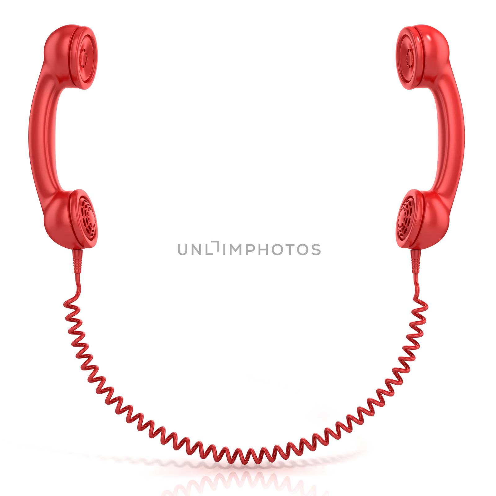 Red old fashion phone handsets connected isolated on white background, front view