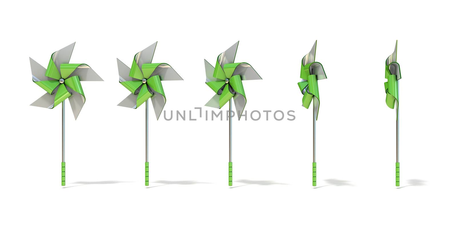 Five angles views of five sided pinwheel. 3D render illustration isolated on white background