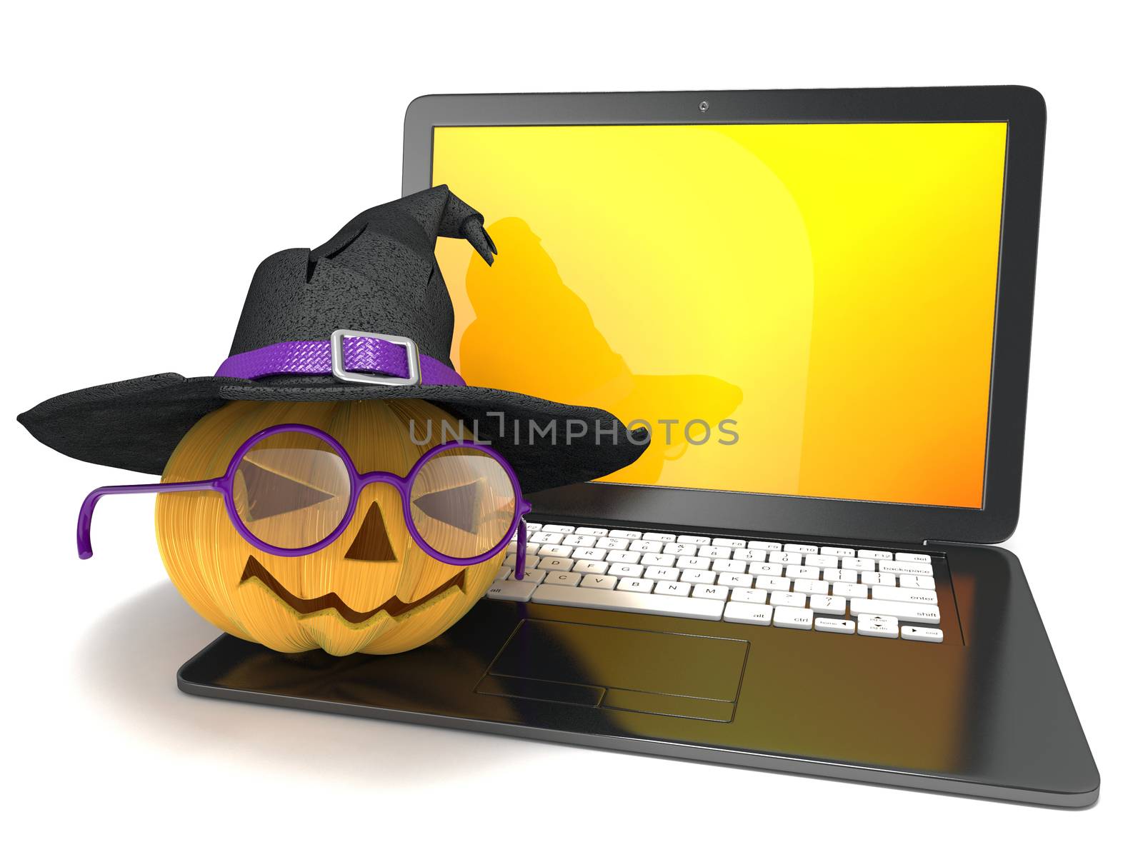 Laptop with funny Jack O Lantern and Halloween witch hat. 3D by djmilic