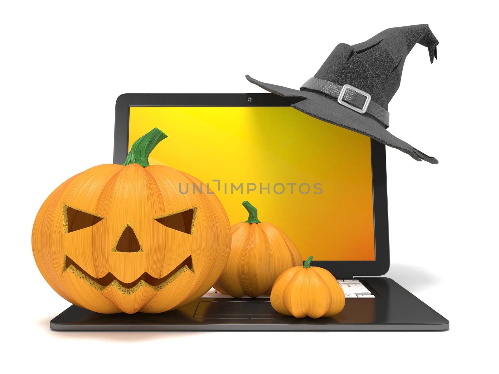 Laptop with funny Jack O Lantern and Halloween witch hat. 3D by djmilic