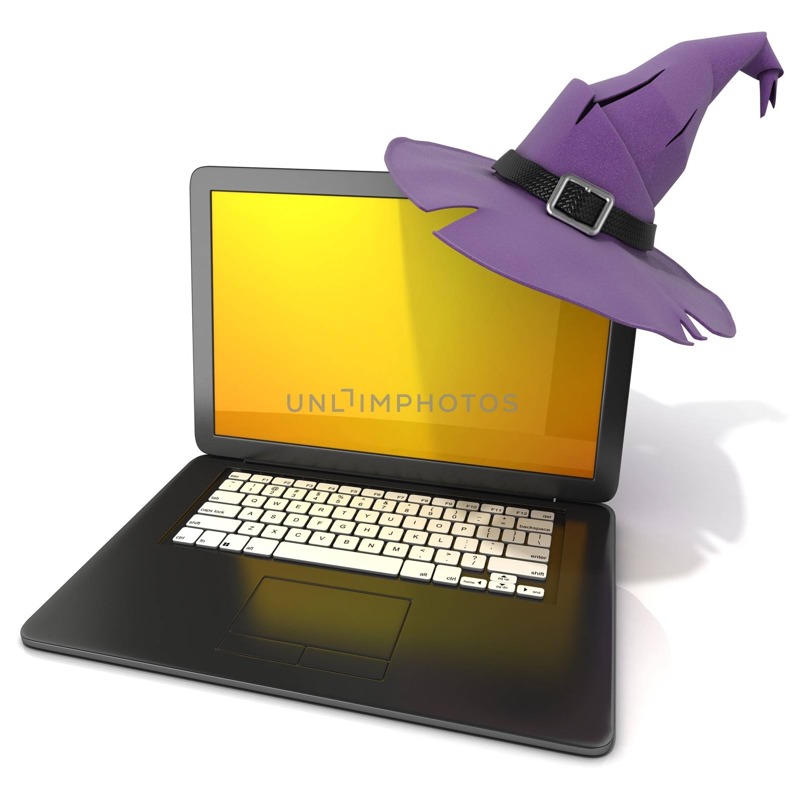 3D rendering of a open black laptop with Halloween colored screen and purple witch hat, with black belt. Isolated on white background. Side view