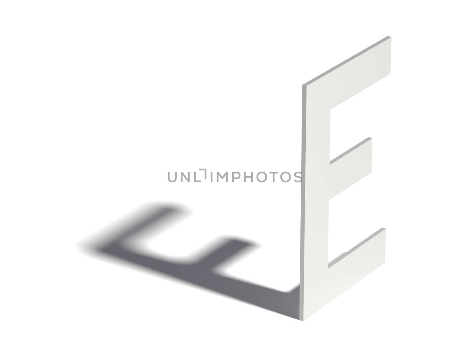 Drop shadow font. Letter E. 3D render illustration isolated on white background