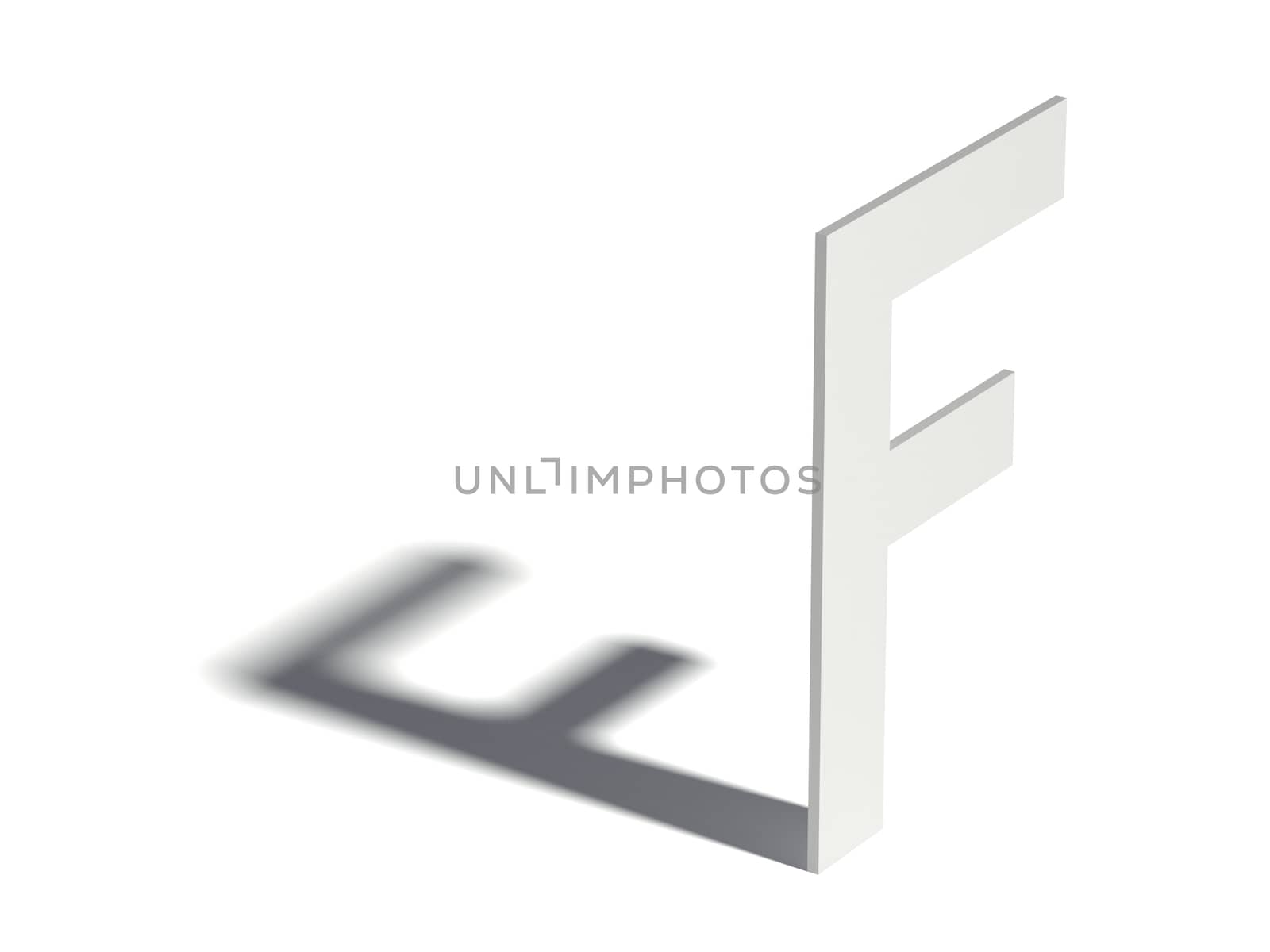 Drop shadow font. Letter F. 3D render illustration isolated on white background