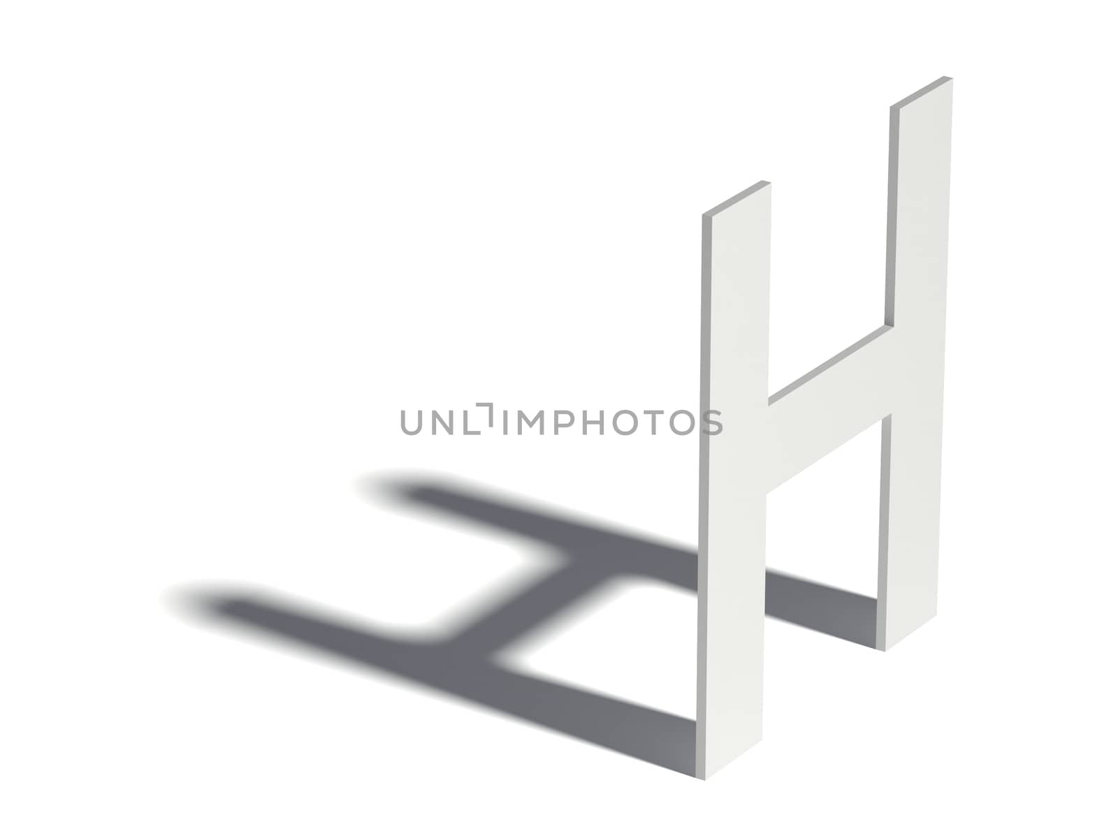 Drop shadow font. Letter H. 3D render illustration isolated on white background