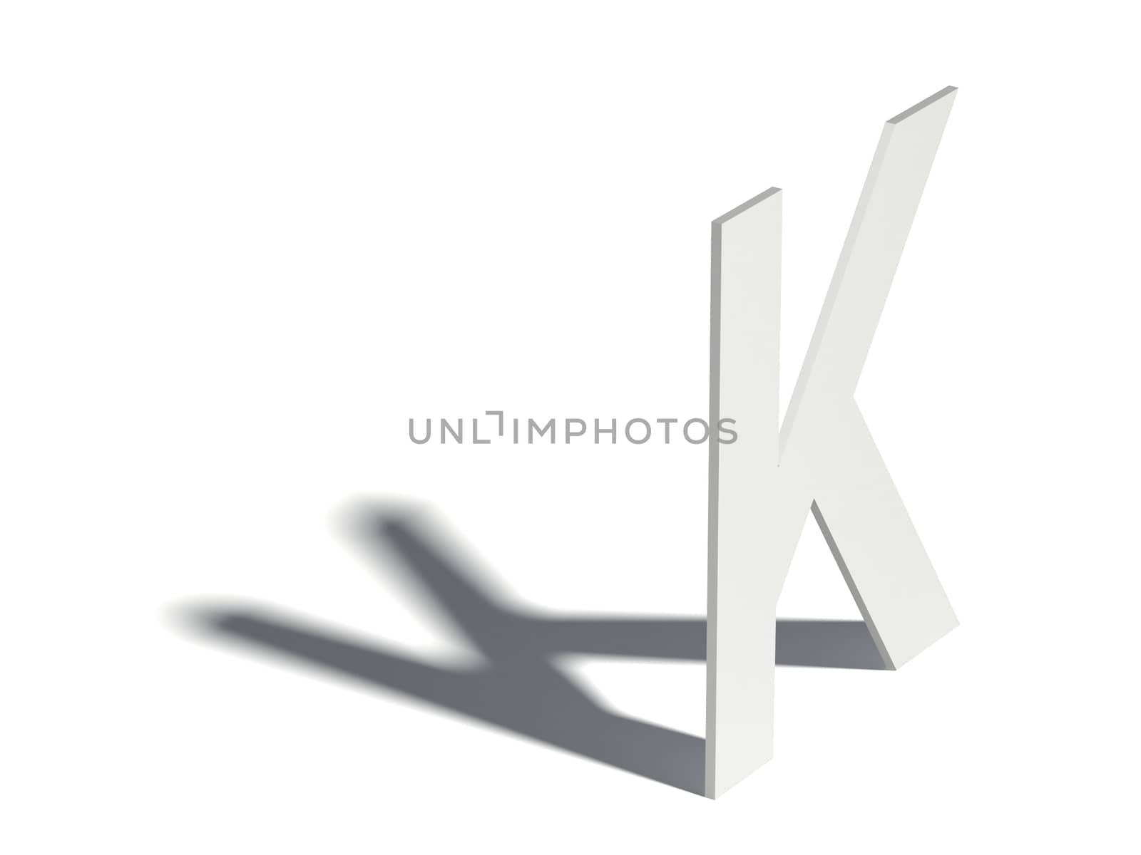 Drop shadow font. Letter K. 3D render illustration isolated on white background