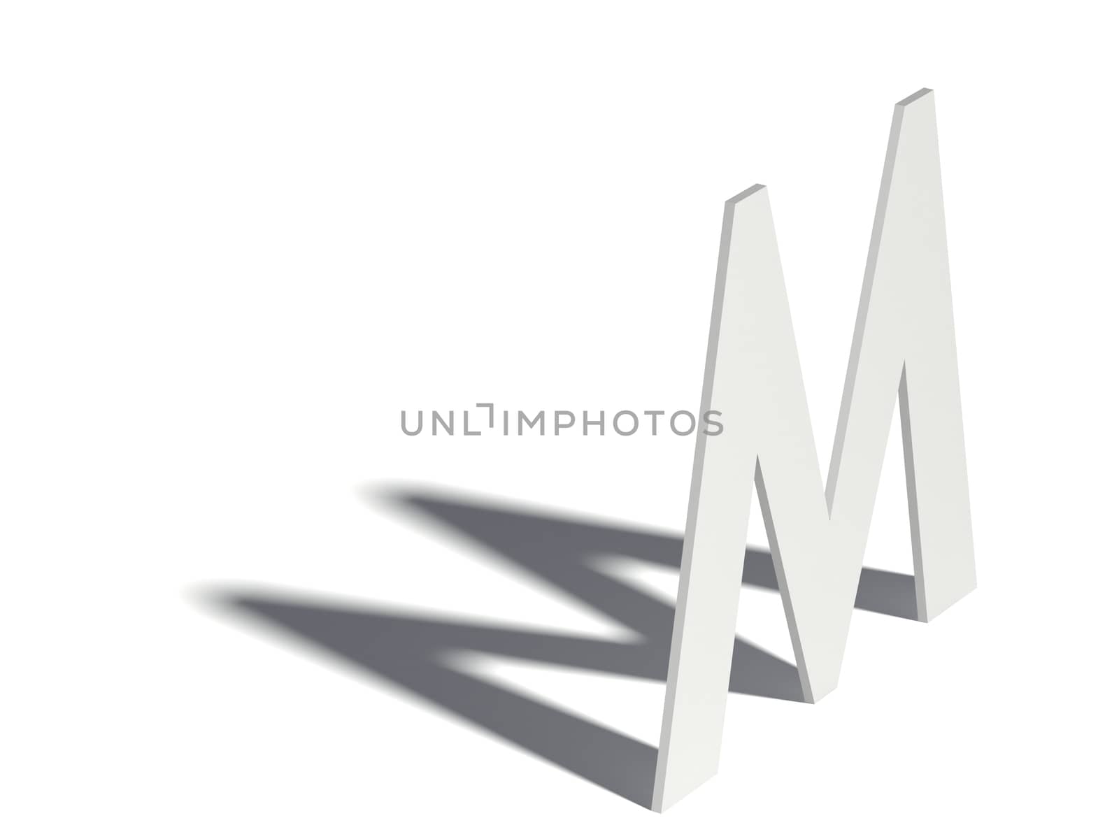 Drop shadow font. Letter M. 3D render illustration isolated on white background