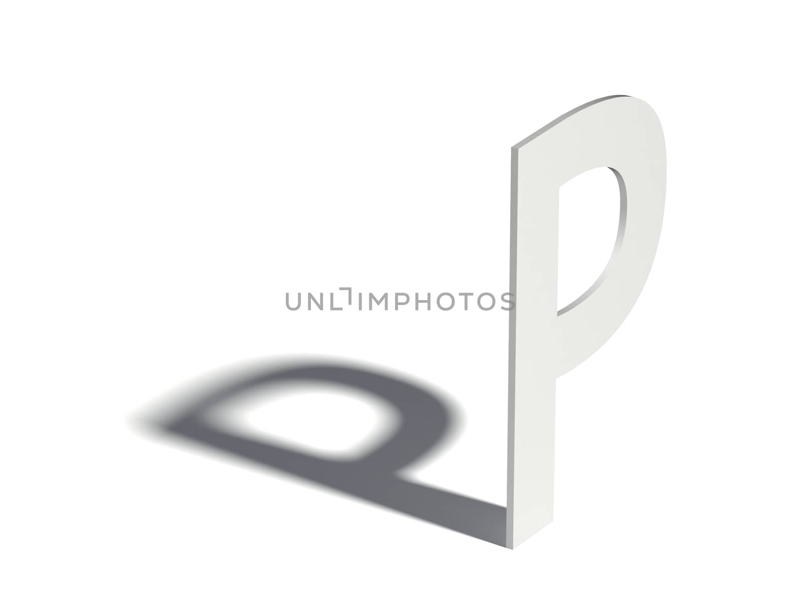 Drop shadow font. Letter P. 3D render illustration isolated on white background