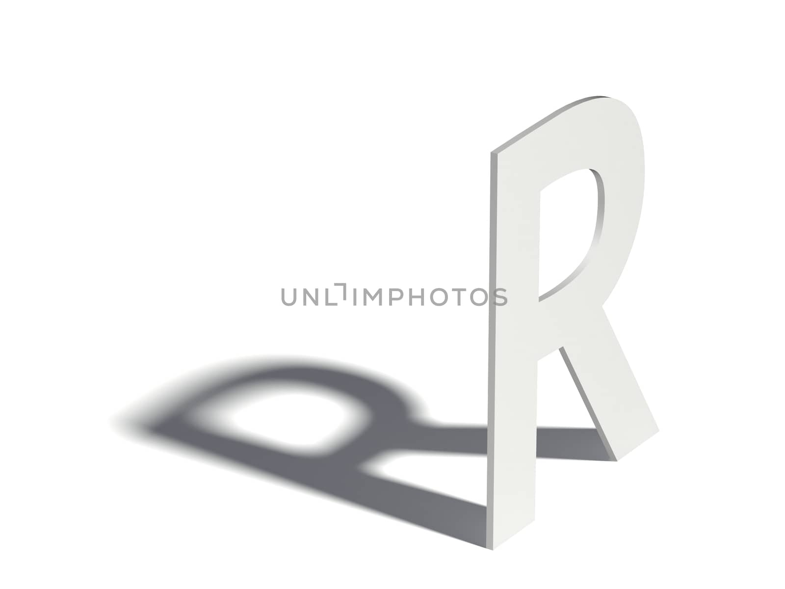 Drop shadow font. Letter R. 3D render illustration isolated on white background