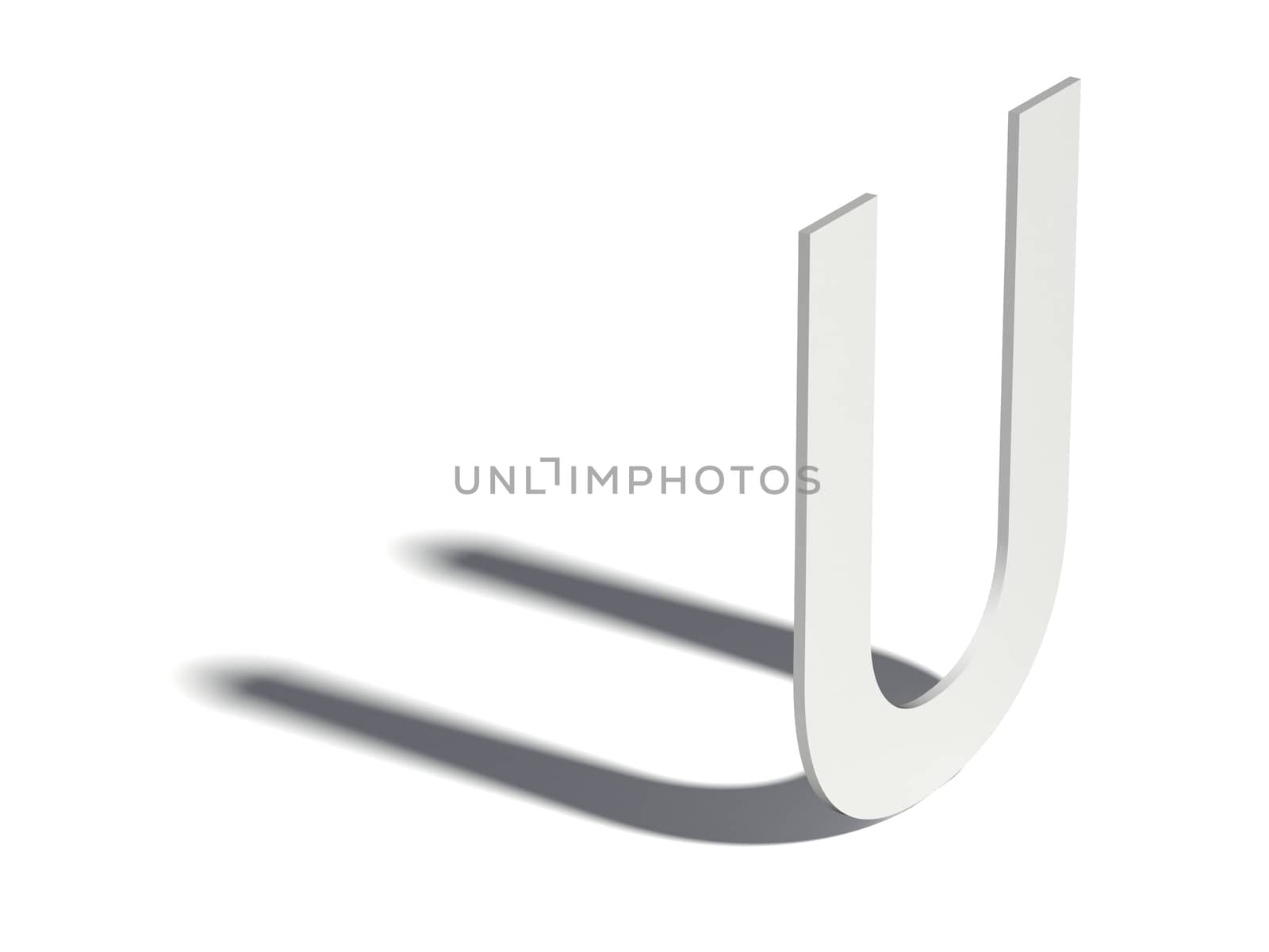 Drop shadow font. Letter U. 3D render illustration isolated on white background