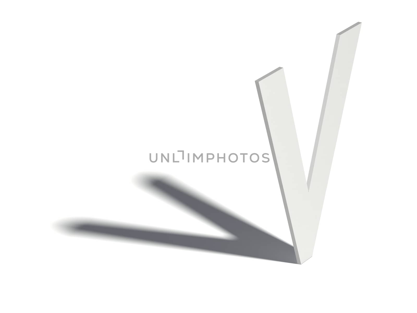 Drop shadow font. Letter V. 3D render illustration isolated on white background