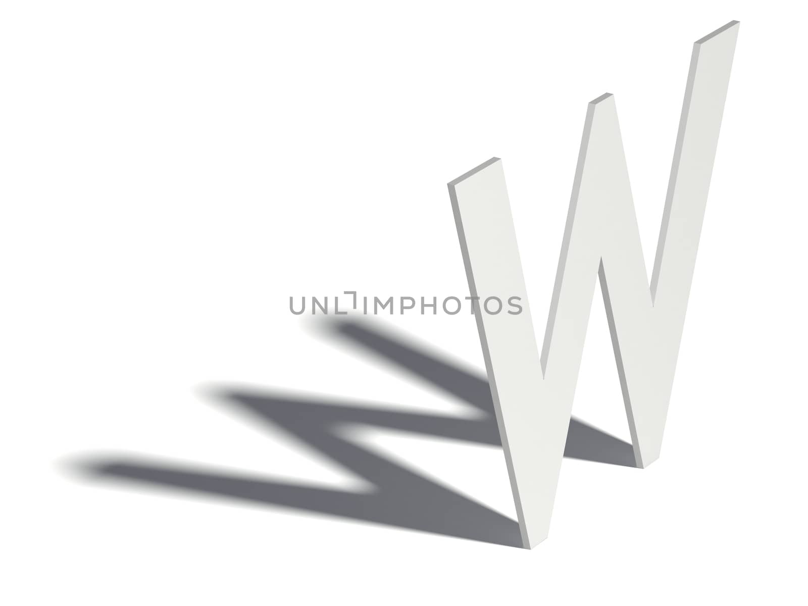 Drop shadow font. Letter W. 3D render illustration isolated on white background