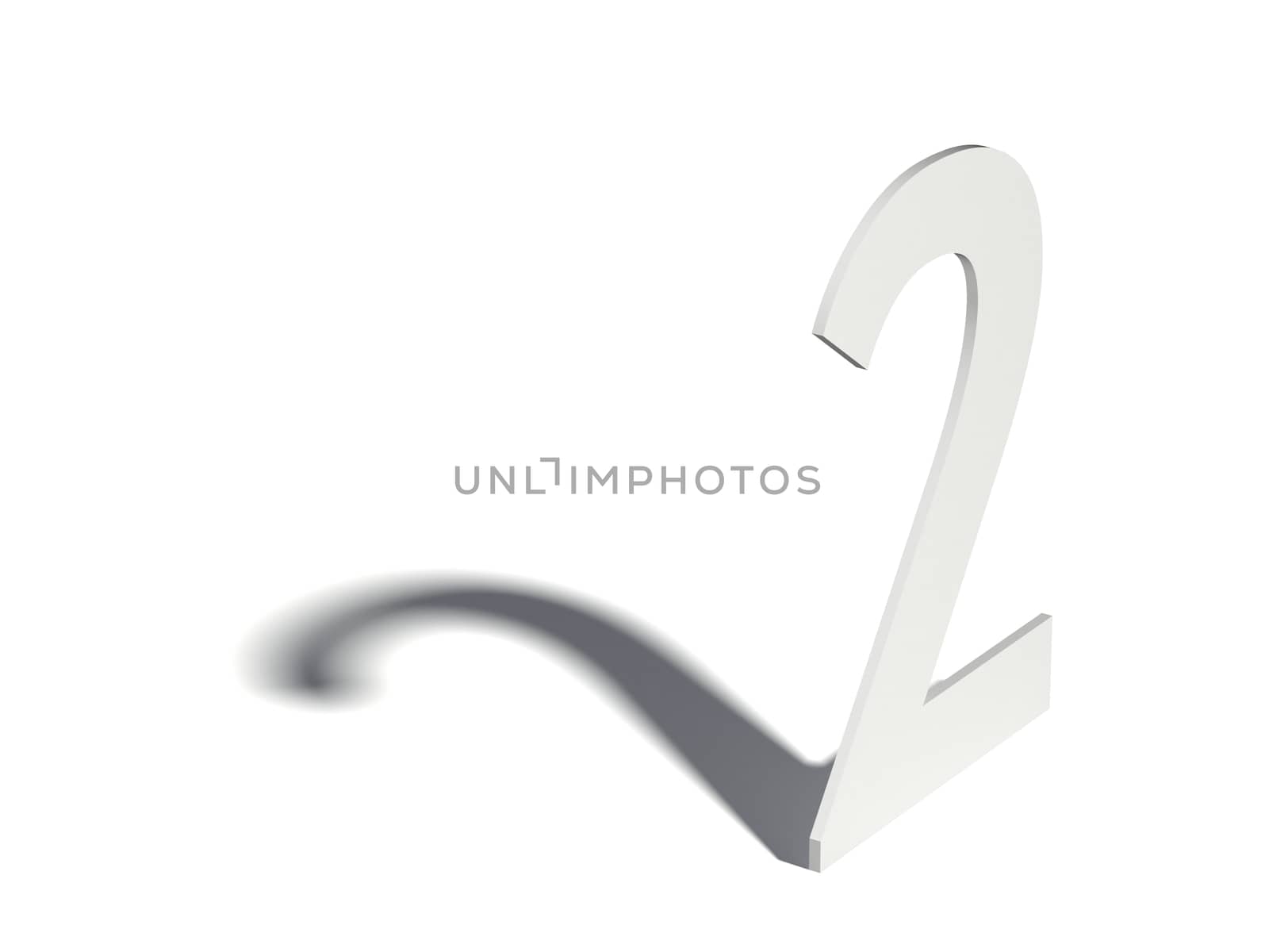 Drop shadow digit. Number TWO 2. 3D render illustration isolated on white background
