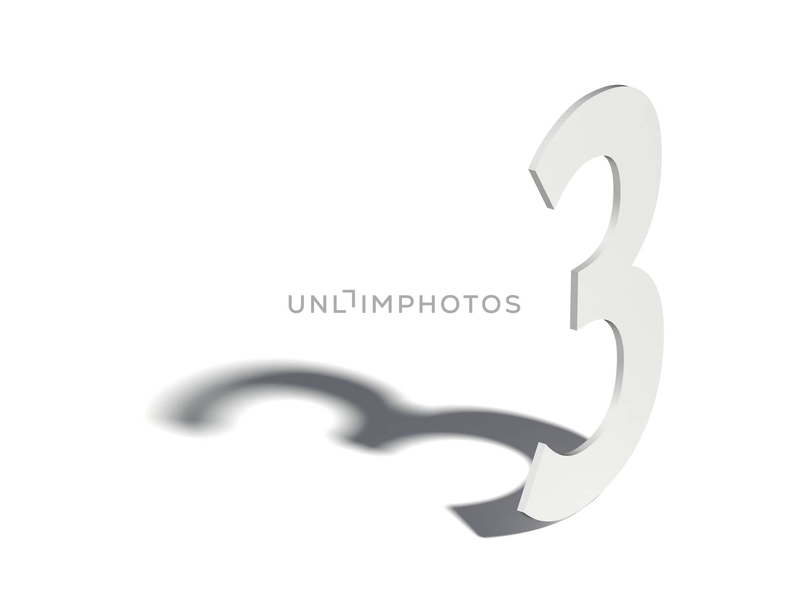 Drop shadow digit. Number THREE 3. 3D render illustration isolated on white background