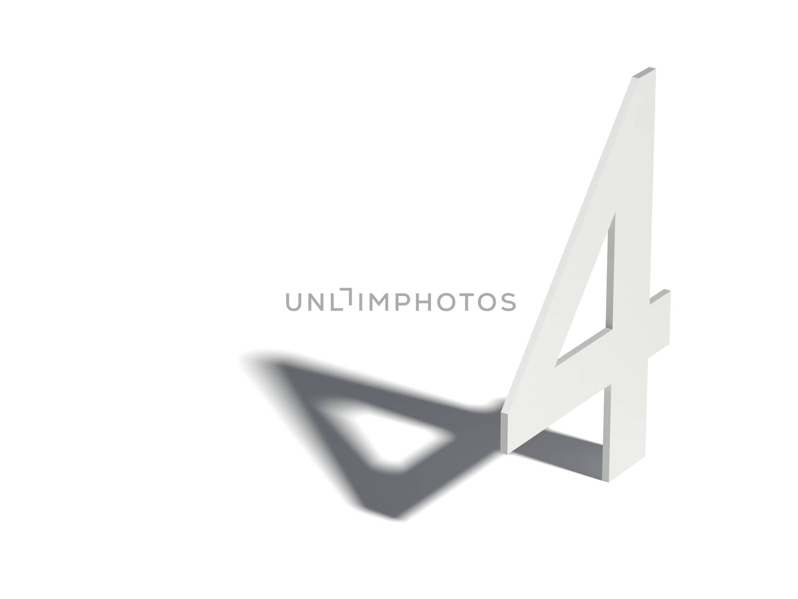 Drop shadow digit. Number FOUR 4. 3D render illustration isolated on white background