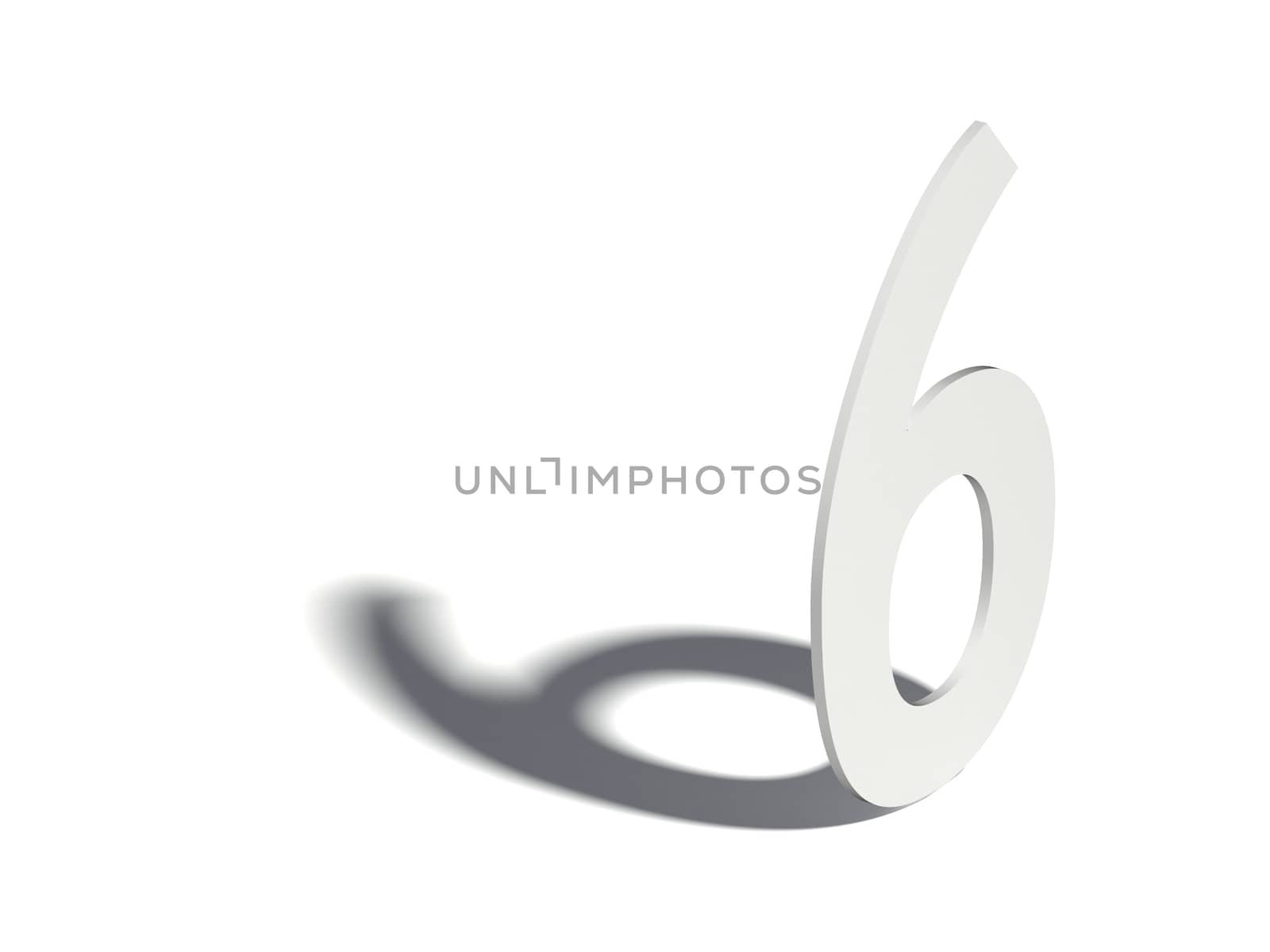 Drop shadow digit. Number SIX 6. 3D render illustration isolated on white background