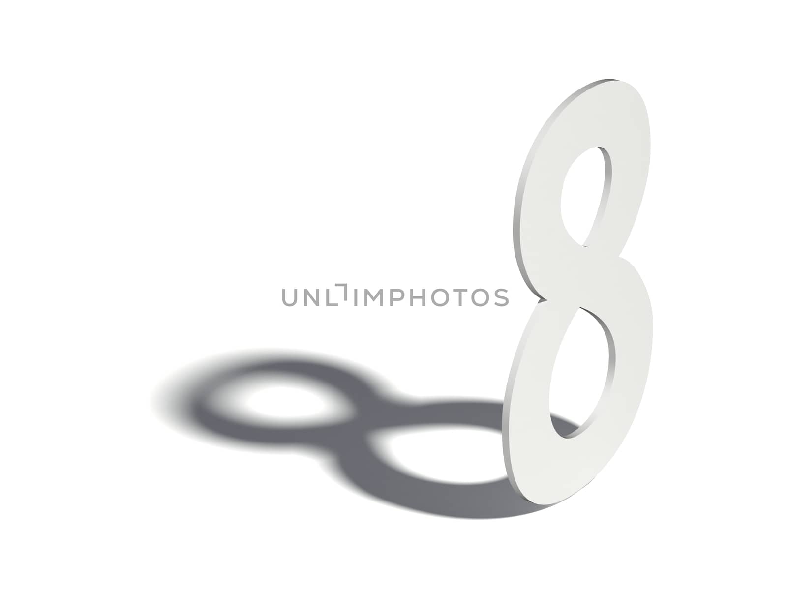 Drop shadow digit. Number EIGHT 8. 3D render illustration isolated on white background