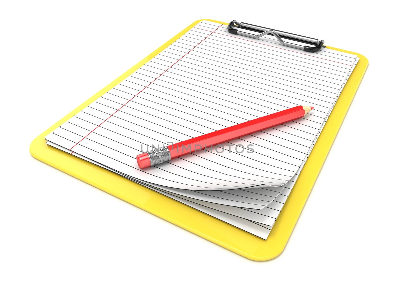 Yellow clipboard and blank lined paper. 3D render illustration isolated on white background