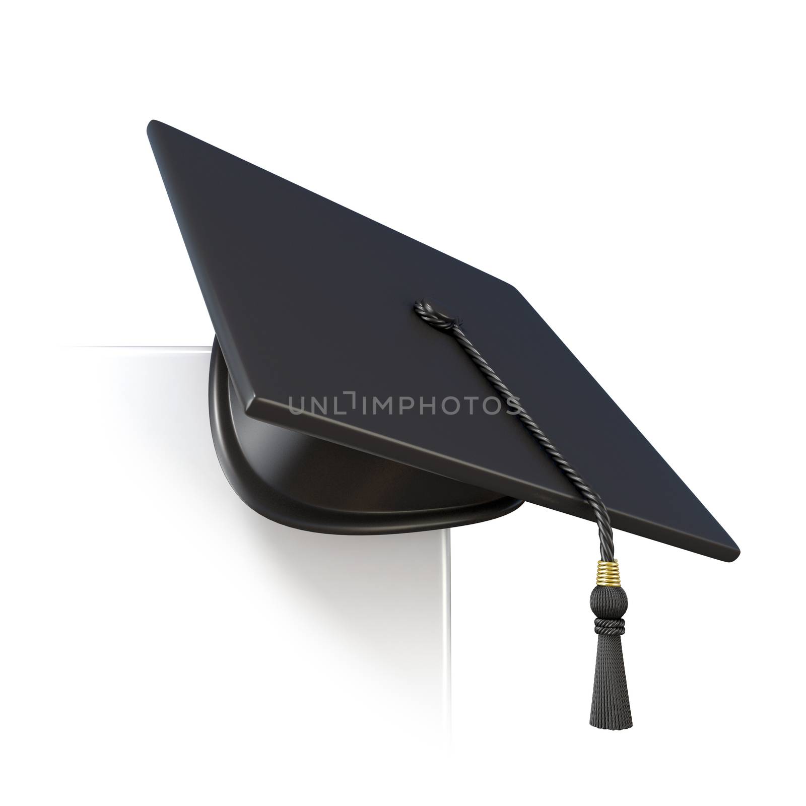 Graduation cap on blank paper corner. 3D render illustration isolated on white background