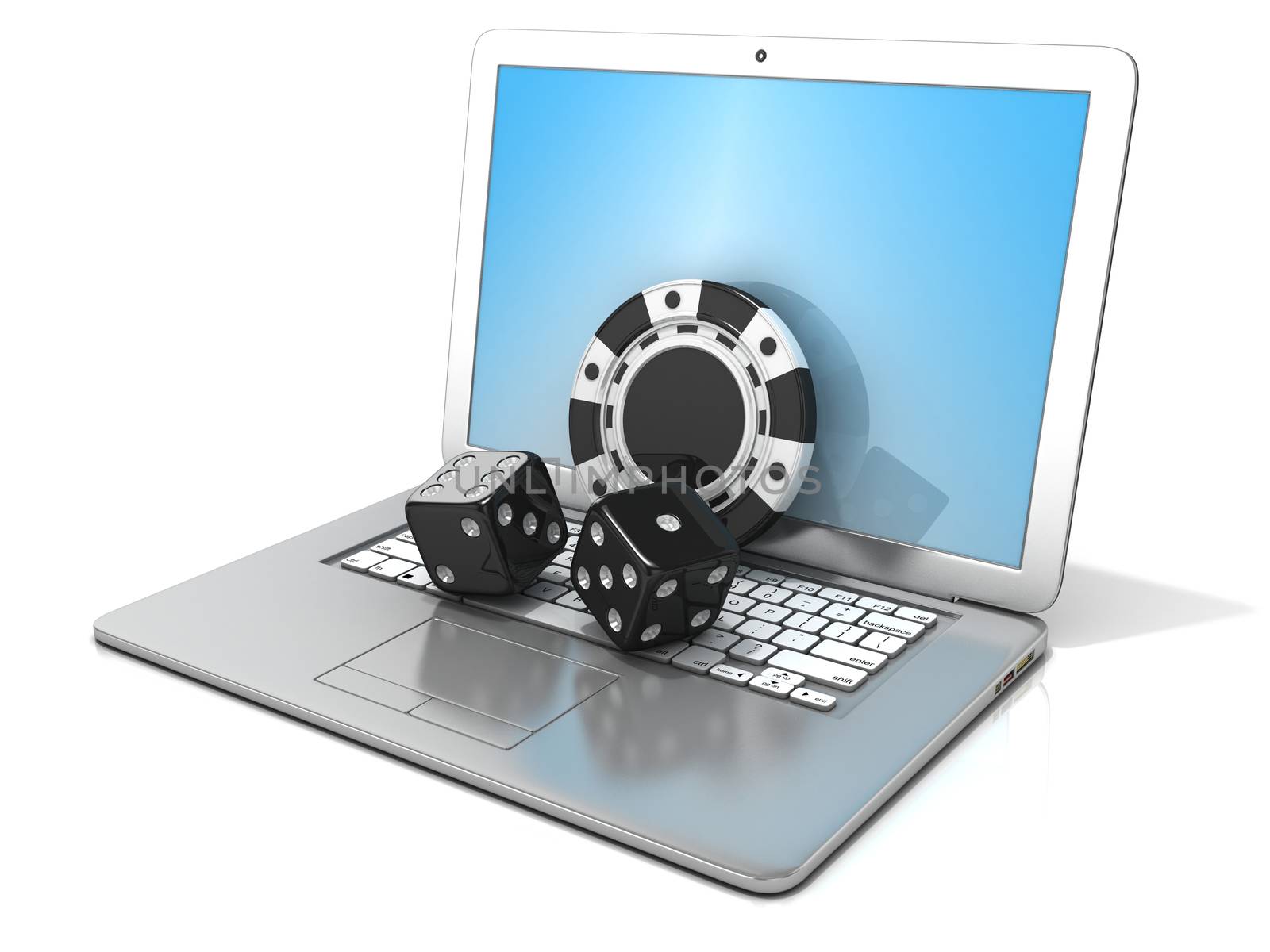 Laptop with black dice and chip. 3D rendering - concept of online gambling. Isolated on white background