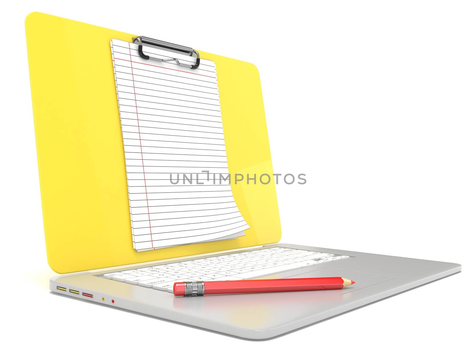 Blank clipboard lined paper on laptop. Side view. 3D render illustration isolated on white background