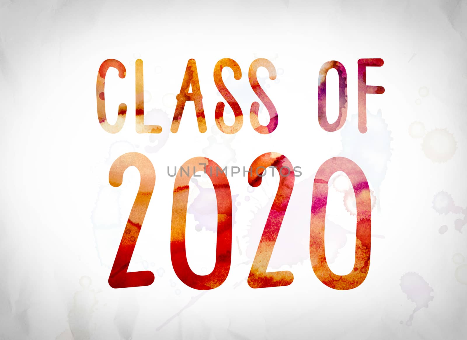 The word "Class of 2020" written in watercolor washes over a white paper background concept and theme.