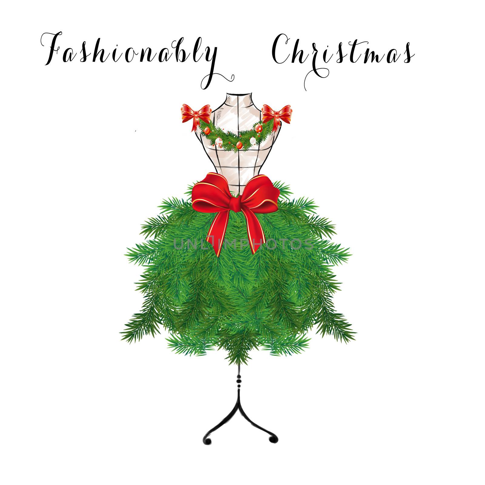 Seasonal Fashion Illustration - Christmas tree on a mannequin by GGillustrations
