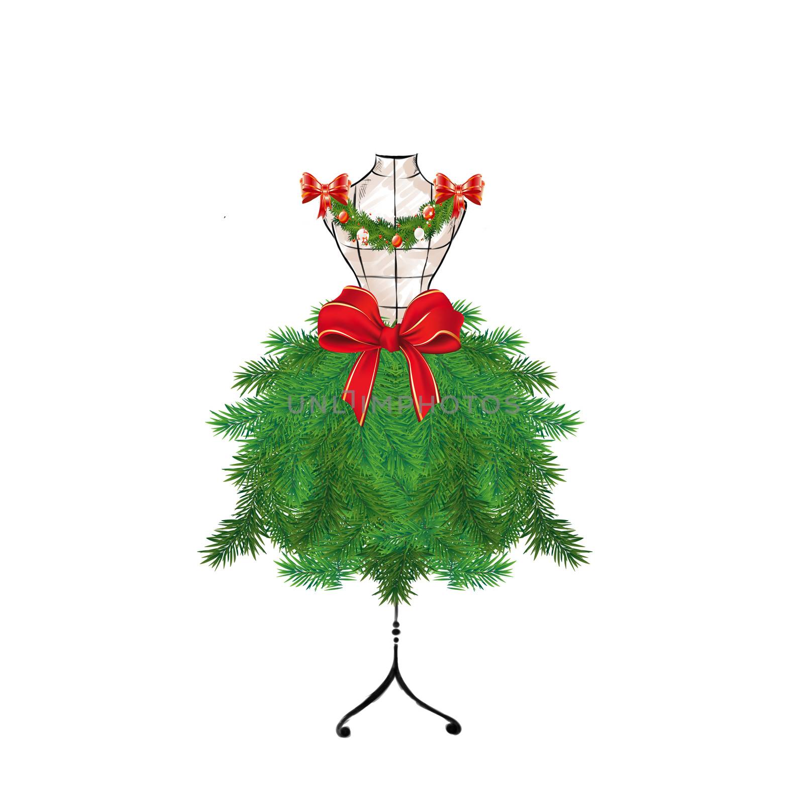 Seasonal Fashion Illustration - Christmas tree on a mannequin by GGillustrations